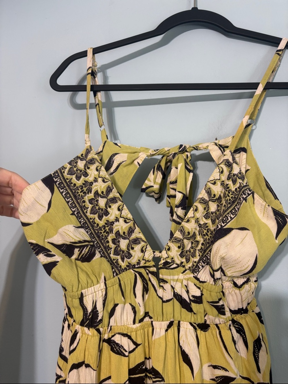 Medium Angie Chartreuse Green black boho Floral Rayon open back tie Maxi Dress - Picture 3 of 6